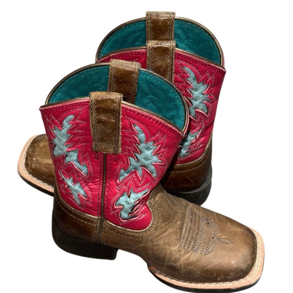 Ariat Girls 8C VentTEK Cowboy Boots Brown Pink Turquoise Leather Square Toe